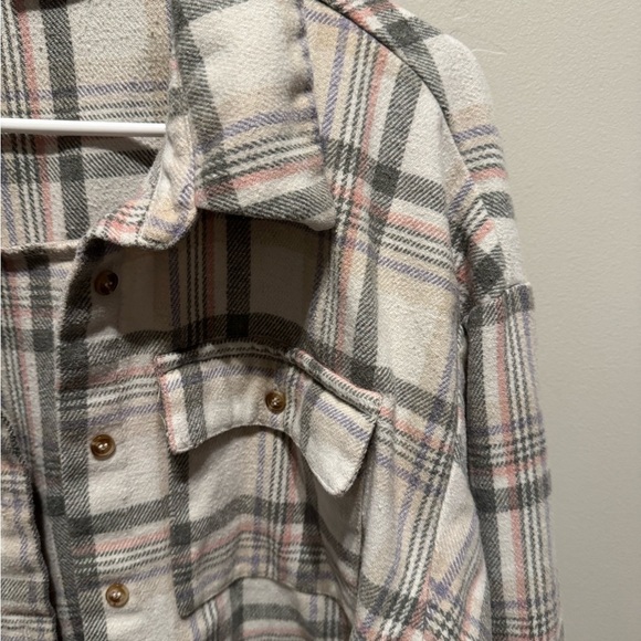 Princess Polly Leylan Oversized Plaid Shacket Cream Pink Gray Size 12 Large - Picture 3 of 5